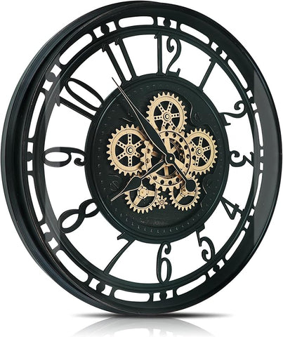 DORBOKER Moving Gears Wall Clock Large Modern Metal Clocks for Living Room Decor, Industrial Steampunk Unique Vintage Rustic Decorative Clock for Home Farmhouse Office, 27.6 Inch,Black Gold Arabic