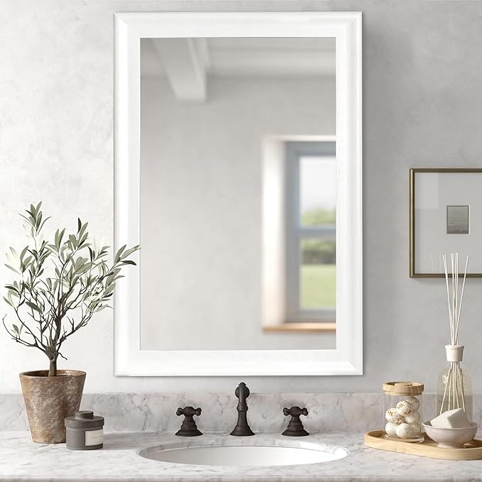 CULER White Wood Wall Mirror for Bathroom,Rectangle 20 x 30 inch Hanging Vatiny Mirrors with Wooden Frame for Living Room,Bedroom,Entryway
