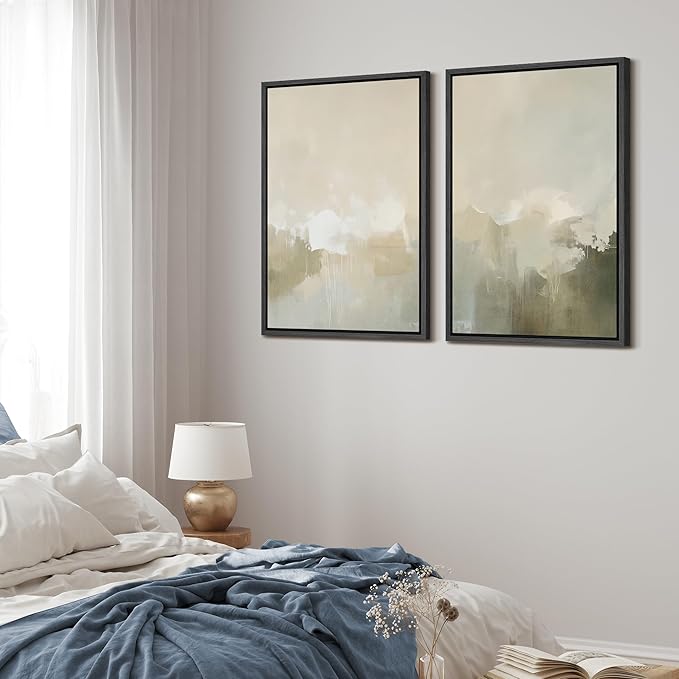 MUDECOR Framed Canvas Print Wall Art Set Neutral Misty Abstract Landscape Beige and Oliv Illustrations Modern Art Decorative Bohemian Calm/Zen for Living Room, Bedroom, Office - 16"x24"x2 BLACK