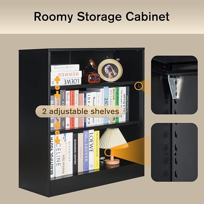 Metal Bookcase with Back Panel, 3 Tier Open Shelf Bookcase with Adjustable Shelves, 31.5 Wide Storage Cabinet Sturdy Steel Cube Shelf Organizer, Free Standing Display Unit