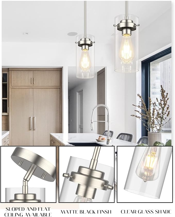 EAPUDUN Pendant Light (2 Packs), Kitchen Lights Ceiling Hanging, Kitchen Light Fixtures Brushed Nickel Finish, Farmhouse Pendant Lighting for Kitchen Island Room-PDA1353-B-BNK