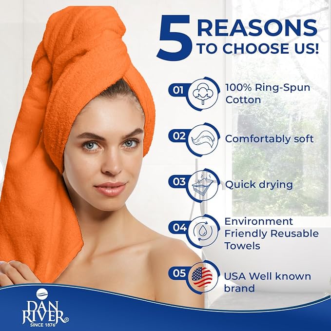 DAN RIVER 8 PC Luxury Bath Towels for Bathroom, 2 Bath, 2 Hand, and 4 Wash Cloths, 600 GSM 100% Ring Spun Cotton Towel Set, Highly Absorbent, Gym, Hotel, and Spa, Orange