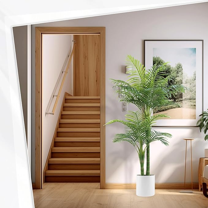 5FT Artificial Golden Cane Palm Tree – Realistic Faux Indoor & Outdoor Plant with Weighted Pot, UV Resistant & Easy Assembly Plastic Tropical Tree for Home or Office Décor