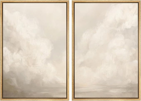 MUDECOR Framed Canvas Print Wall Art Neutral Cloudscape Soft Abstract Sky Illustrations Modern Art Decorative Bohemian Colorful Chic for Living Room, Bedroom, Office - 16"x24"x2 Natural