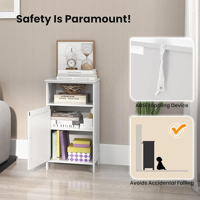 Tangkula Bathroom Storage Cabinet, Freestanding Wooden Single Door Side Floor Organizer with Adjustable Shelf, Small Bathroom Cabinet for Small Spaces, Living Room (White)