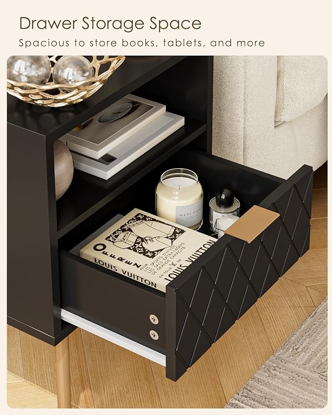 Nightstand,Morden Bedside Table with Gold Frame,Small White Night Stand,End Table,Bedside Furniture,Side Table with Drawer and Shelf for Bedroom,Living Room (1Drawer, Black-Square)