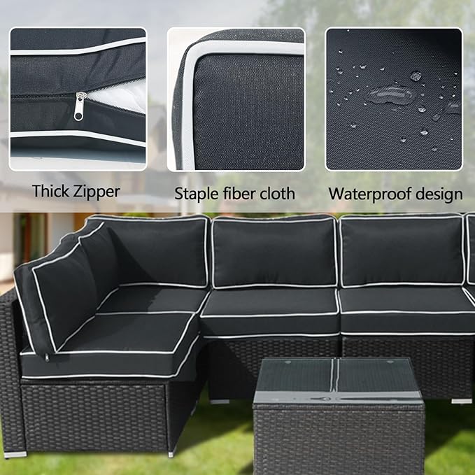 14Pieces Patio Cushion Covers Replacement,Waterproof Outdoor Cushions Covers for 6-Seaters Sofa,Slipcovers Set with Zippers,Washable Cover Only(Black Gray+White)