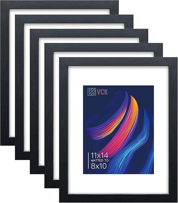 VCK 11x14 Black Picture Frame Set of 5, Textured Modern Wooden Photo Frames with HD Glass | Matted to 8x10 or 11x14 without Mat | Wall Hanging Display - Hardware Included