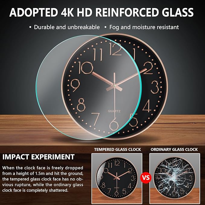 Wall Clock, Silent Wall Clocks Battery Operated 10 Inch- Modern Non Ticking Analog Clock with Large Numerals Tempered Glass Clocks for Bedroom, Living Room, Kitchen, Office Decor, Black