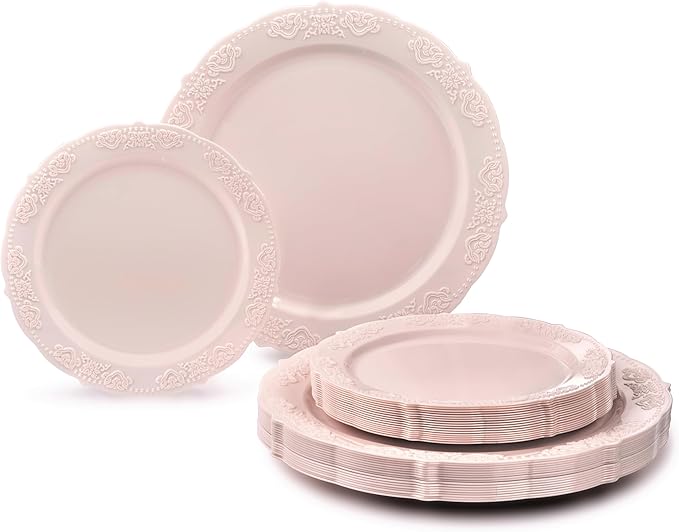 " OCCASIONS " 50 Plates Pack (25 Guests) Vintage Wedding Party Disposable Plastic Plate Set -25x10.25'' Dinner +25x7.5'' Salad/Dessert plates (Portofino in Light Pink)