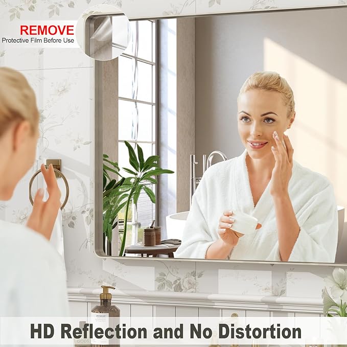 40x32 Inch Brushed Nickel Bathroom Mirror, Brushed Silver Metal Framed Wall Mirror, Rounded Corner Rectangle Modern Vanity Mirror, Tempered Glass, Anti-Rust, Shatterproof (Horizontal/Vertical)