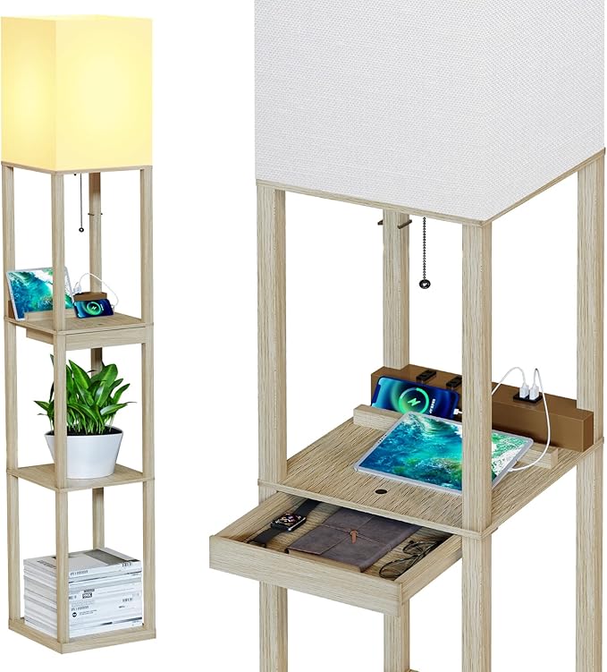 SUNMORY Floor Lamp with Shelves,Modern Dimmable Wood Standing Lamp with 1 Drawer and 2 USB Ports & 2 Power Outlet,Corner Tall Bookshelf Lamp for Living Room and Bedroom(Wood Color)