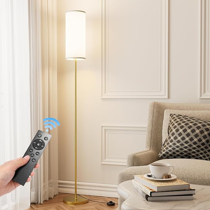 Floor Lamp for Living Room, Modern Standing lamp with Remote Control, Stepless Dimmable 9W Bulb & Beige Lampshade Included, Gold Pole Tall Floor Lamp for Bedroom Office