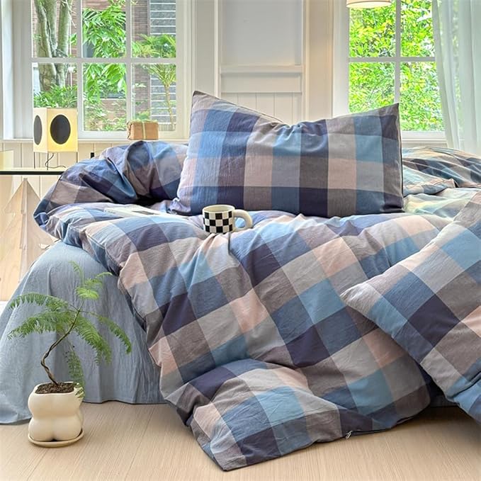 VM VOUGEMARKET Blue Plaid Duvet Cover Sets Queen,Soft Washed Cotton 3 Pieces Gingham Duvet Cover with Zipper Closure for Teen Boys Girls Simple Modern Bedding Set (Blue/Grey/Beige)