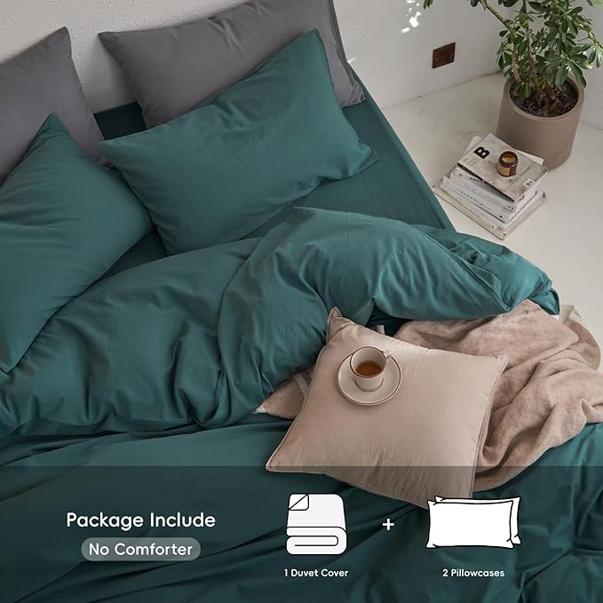 MooMee Queen Duvet Cover Set, 100% Washed Cotton Linen Like Twill Thick Sturdy Material Super Soft Breathable Durable Bedding for All Season, 3 Pieces (Green, Queen 90"x90")