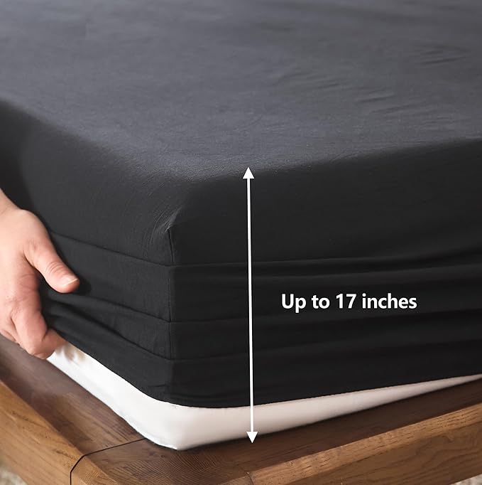 100% Cotton 6-Piece Queen Size 102" x 90" Bedding Set - Fitted Sheet, Flat Sheet & 4 Pillowcases with 17" Deep Pocket,Soft Breathable Bed Sheets for Cozy Sleep,Black