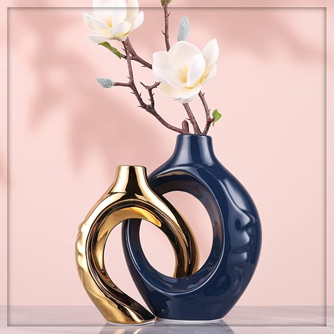 Navy Blue Home Decor Ceramic Vase, Navy Blue Gold Round Vase with Holes Set of 2, Suitable for Wedding Entrance Decoration, Bookshelf, Mantel, Unique Home Decor (Blue Gold)