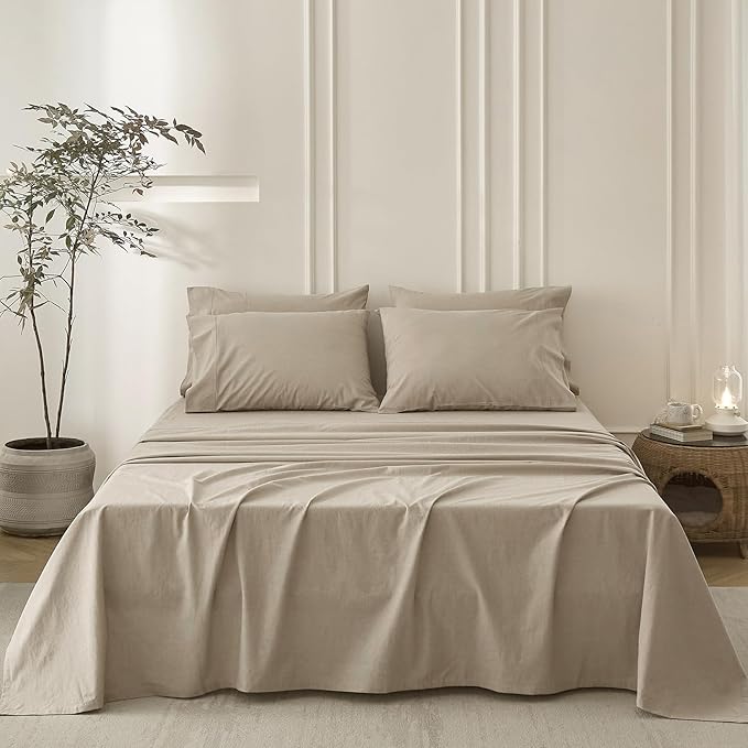 6PS Linen Like Bedding Sheet Sets Linen Grey Queen Size Cotton Bedding Set Oeko-TEX Standard 100% Washed Cotton Deep Pocket Queen Size Fitted Sheet Plus Cozy Flat Sheet and 4 Pillowcases