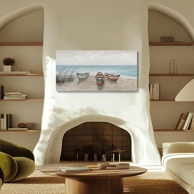 WINKAILIN Coastal Wall Art Beige and Blue Pictures Wall Decor Boat Canvas Prints 24"x 48" Scenery Artwork Vintage Posters for Bedroom Office Home