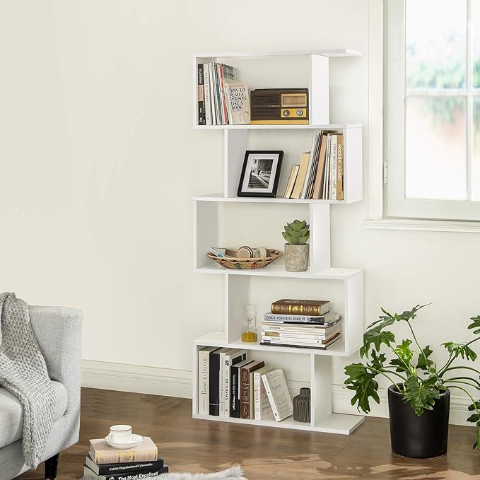 VASAGLE Wooden Bookcase, Display Shelf and Room Divider, Freestanding Decorative Storage Shelving, 5-Tier Bookshelf, White