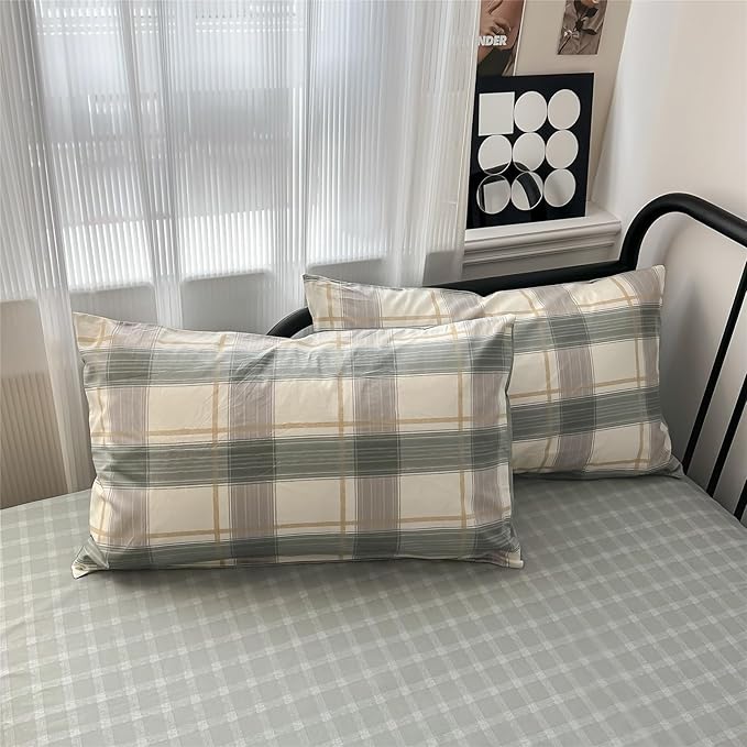 VM VOUGEMARKET Plaid Bedding Set King 100% Cotton Green Grid Duvet Cover Set,Modern Men Boy's Comforter Cover with Zipper Closure-King