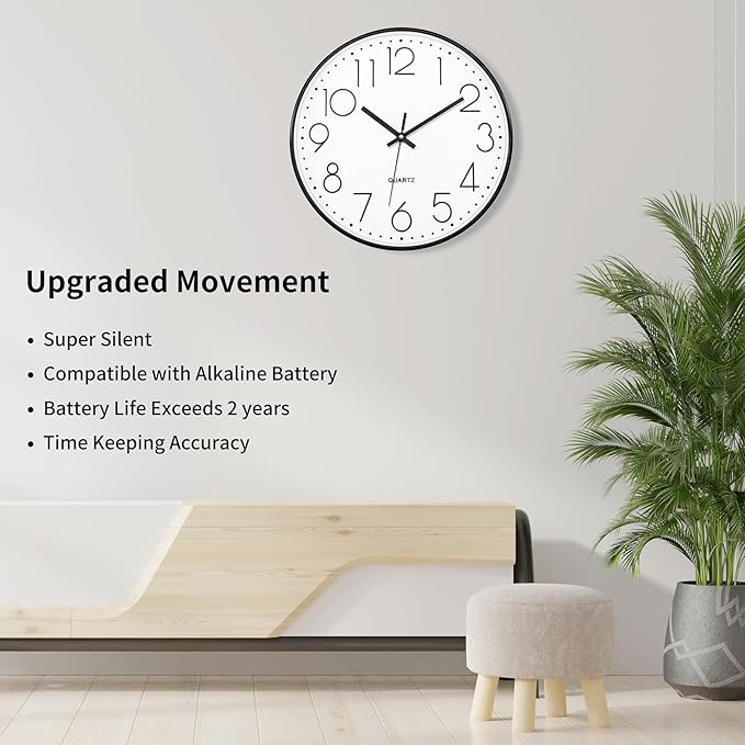 Foxtop Black Wall Clock 12 Inch Silent Non Ticking Quartz Battery Operated Round Clock Easy to Read for Office Classroom School Home Living Room Bedroom Kitchen Decor