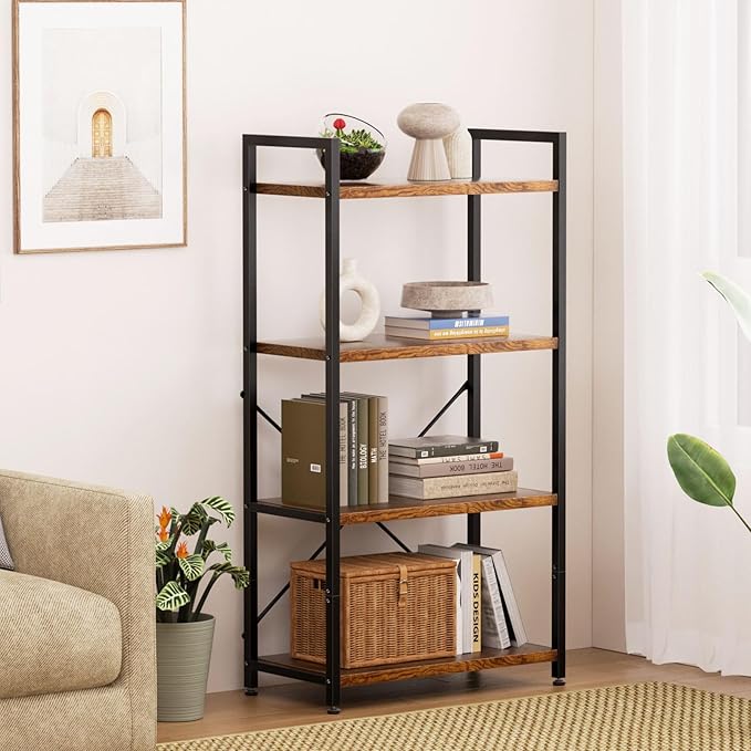 Casaottima Book Shelf, 4 Tier Bookshelf, Modern Wood Bookcase Shelves for Bedroom, Industrial Display Shelf for Living Room Home Office Kitchen, Standing Shelving Unit Storage Organizer, Vintage