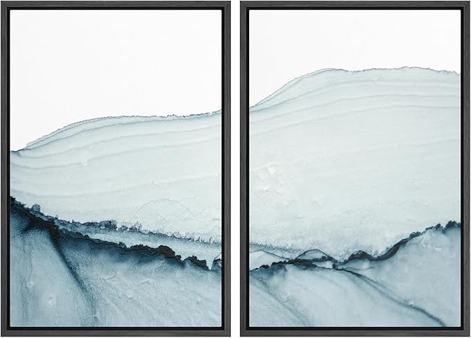SIGNWIN Framed Wall Art Print Set Blue Paint Stroke Wave Collage Abstract Shapes Illustrations Modern Art Rustic Relax/Calm Multicolor for Living Room, Bedroom, Office - 24"x36"x2 Black