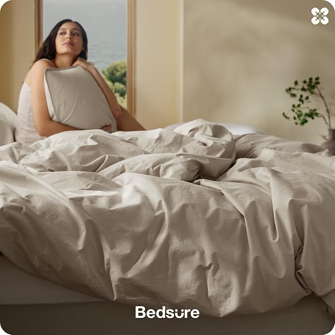 Bedsure Cotton Duvet Cover King - Luxury Slub Weave 100% Cotton Duvet Cover Set with a Linen Like Textured, Easy Change Durable Bedding Set 3 Pieces, Tannish Linen Grey, 104" x 90"