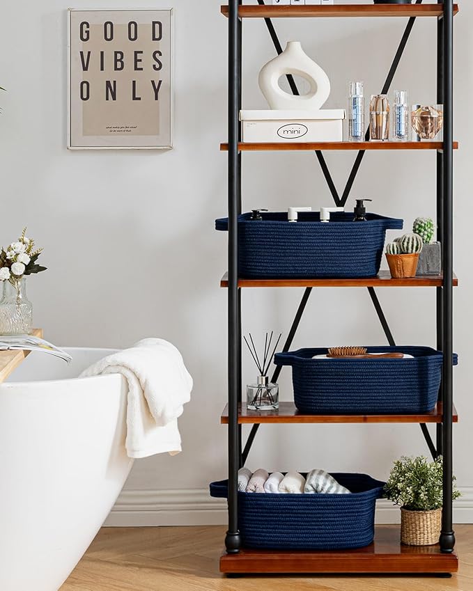 KALLAX Small Woven Basket, 14 x 10 x 5.6 Inches, Small Storage Baskets for Organizing, Gift Baskets Empty, Cute Rope Shelf Closet Storage Bins for Shelves, Dog Toy Basket, Navy Blue