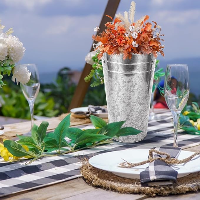 4 PCS Flower Buckets Bulk 12 Inch Galvanized Flower Bucket Metal Flower Vase with Handle, Metal Bucket Planter Floral Container for Flowers Arrangements Table Centerpiece Weddings Home (Silver)