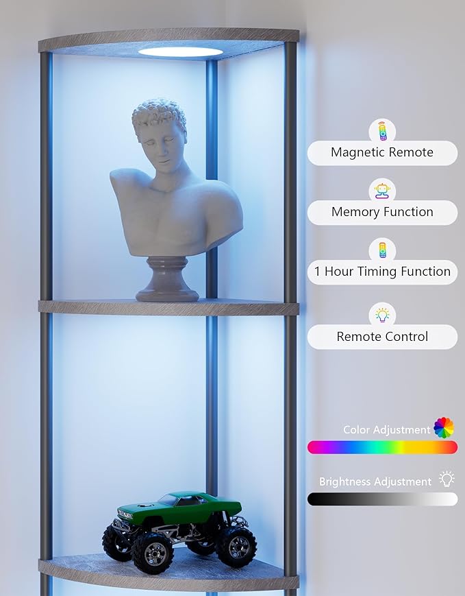 Corner Shelf with RGBCW LED Light, 64.5” Tall Floor Lamp Narrow Bookshelf Organizer, Standing Shelves with Metal Pole, Display Storage Rack for Wall Corner, Living Room, Bedroom, Office Décor, Grey