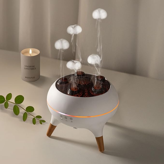 REGINEXT Mushroom Cloud Aroma Diffuser - 3-Timer Setting, 7-Smoke Modes, 7-Color LED, Meditation Buddy with Water Jelly Shape Fog, Home Decor for Bedroom/Living Room/Office - Auto Shut-Off