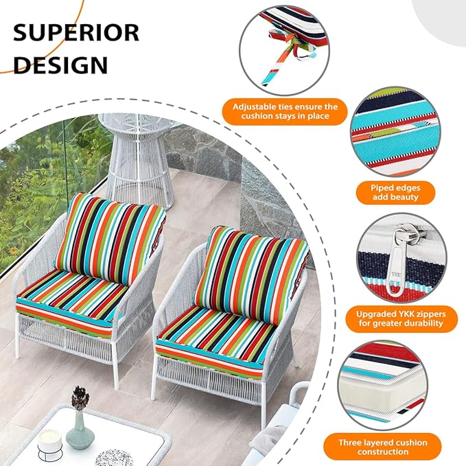 Sundale Outdoor Sunbrella Deep Seat Cushions, Patio Acrylic Sectional Sofa Couches Cushion and Pillow, Water-Resistant Furniture Replacement Cushions, 23 x 26 x 4 inches - Carousel Confetti