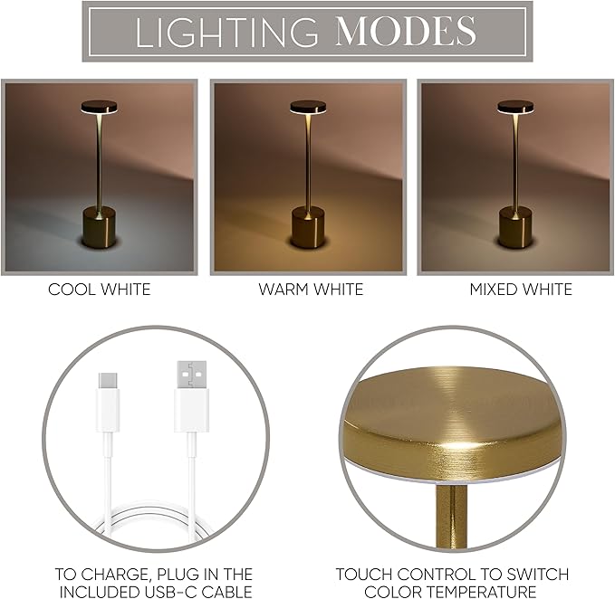 Camden Reed Table Lamp, Desk lamp, 3 Different Lighting Modes, Modern Minimal Design for Dinner/Coffee Table/Restaurant/Bedroom, Flat Gold