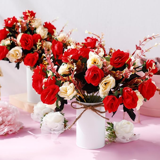 Domensi 3 Sets Wedding Centerpiece for Table Artificial Rose with Vase Fake Bouquets and Metal Pot Floral Arrangements for Holiday Party Event Table Decor (Red)