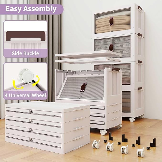 Luxdecor 300Qt Storage Bins With Lids-Stackable Plastic Storage Bins on Wheels, Closet Organizers and Storage,Collapsible Storage Cabinet with Doors for Office Garage Kitchen Under Stairs,5 Tier White