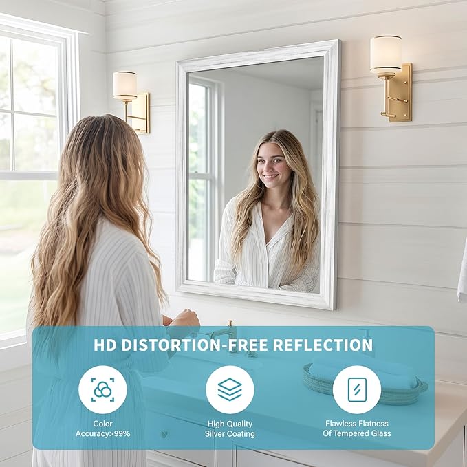White Wood Effect Framed Wall Mirror, 20x30 Rectangle Mirror, 1/8" Anti-desilvering Tempered Glass, Sustainable& Sturdy Frame, Anti-Rust, HD Reflection &3min Fast Setup for Bathroom Living Room