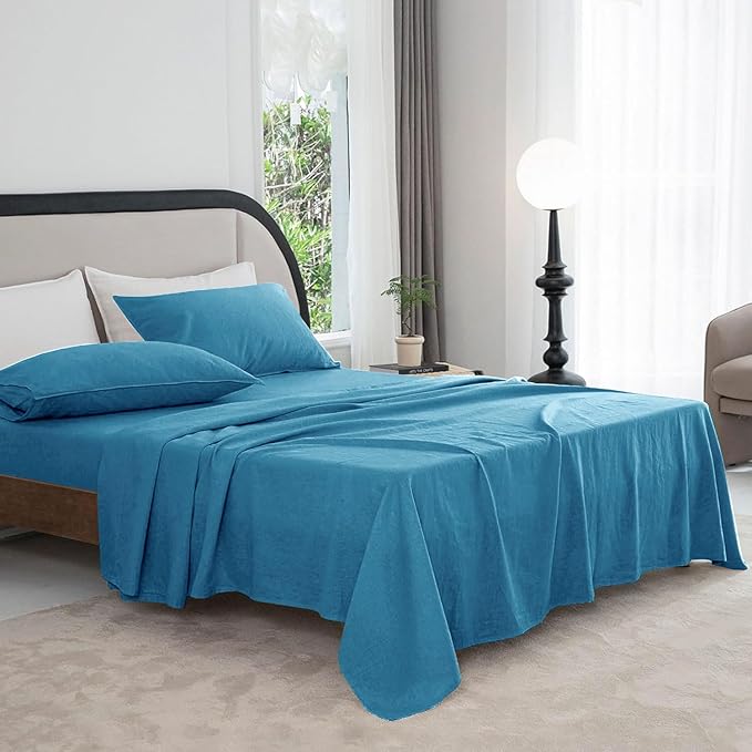 Talasily Linen Sheets-Queen Size Sheets Set,Blend from Linen Cotton Bedsheets,All Seasons Soft Breathable 4 Piece Set-Blue