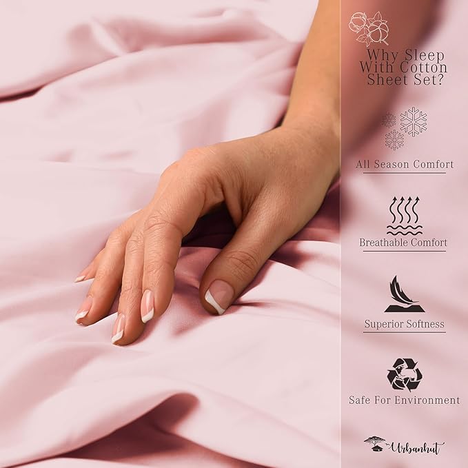URBANHUT 700 Thread Count Full Size Egyptian Cotton Sheets, 4Pc Sheet Set Soft Luxury Bed Sheets for Full Size Bed, Sateen Weave Hotel Sheets, 14'' Elasticized Deep Pocket - Blush Pink