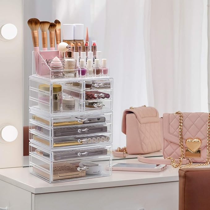 Sorbus Large Clear Makeup Organizer - Detachable 4-Piece Jewelry & Make Up Organizers and Storage Set - Spacious Cosmetic Display Tower - Makeup Organizer for Vanity, Bathroom, Dresser & Countertop