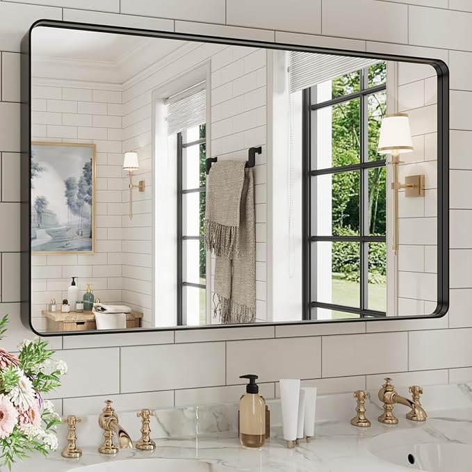 WEER Black Bathroom Mirror for Wall, 40X24 Inch Matte Black Mirror, Rectangular Black Metal Framed Vanity Mirror with Tempered Glass, Rounded Corner, Anti-Rust (Horizontal/Vertical)