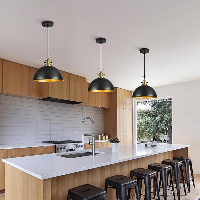 12 Inch Farmhouse Pendant Lights for Kitchen Island, Industrial Dome Pendant Lighting, Matte Black and Gold Handle, Adjustable Height, Vintage Hanging Light Fixtures for Barn, Dining Room