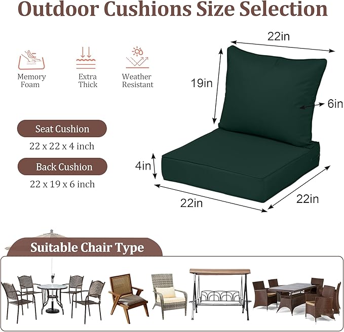Outdoor Deep Seat Cushions for Patio Furniture Set of 2, Waterproof Outdoor Chair Cushions 22 x 22 x 4'' Patio Furniture Cushion with Fade Resistant Removable Cover, Handle & Straps, Dark Green