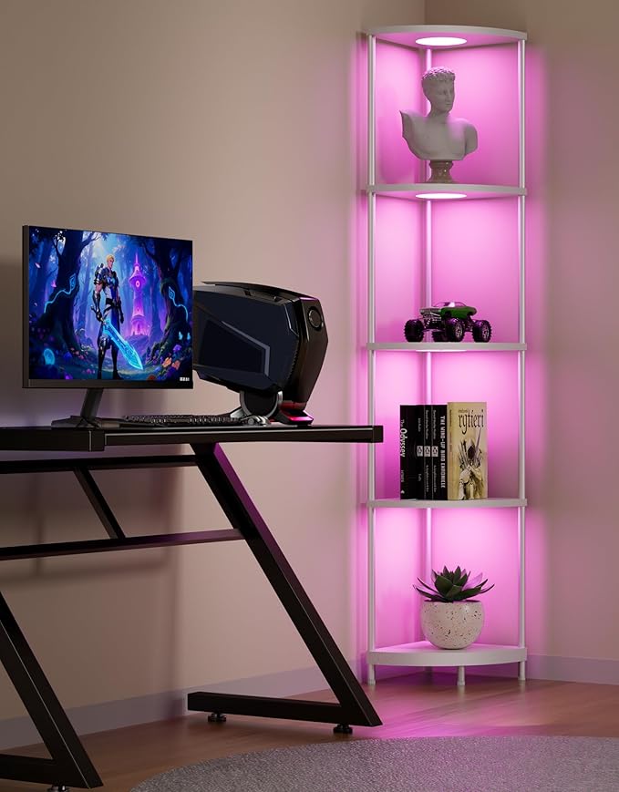 Corner Shelf with RGBCW LED Light, 64.5” Tall Floor Lamp Narrow Bookshelf Organizer, Standing Shelves with Metal Pole, Display Storage Rack for Wall Corner, Living Room, Bedroom, Office Décor, White