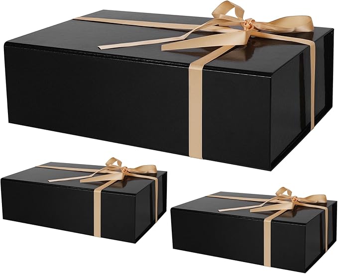 RayofSun Black Gift Box,13.8" x 9" x 4.3" Large Groomsmen Proposal Box with Magnetic Closure Lid and Ribbon for Anniversary Wedding Birthday Graduation Festivals (3 Pack)