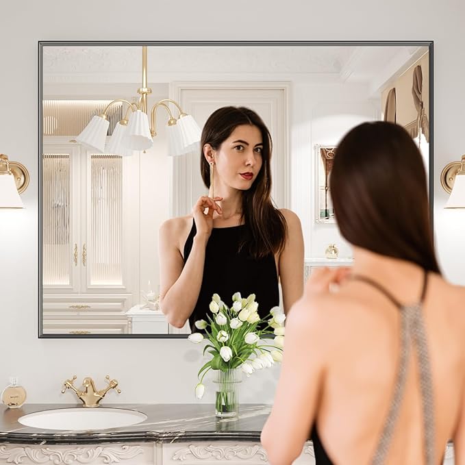LOAAO Black Bathroom Mirror 48"X32" for Wall, Rectangle Bathroom Vanity Mirror, Tempered Glass, Hangs Vertically or Horizontally, Easy to Install, Modern Design