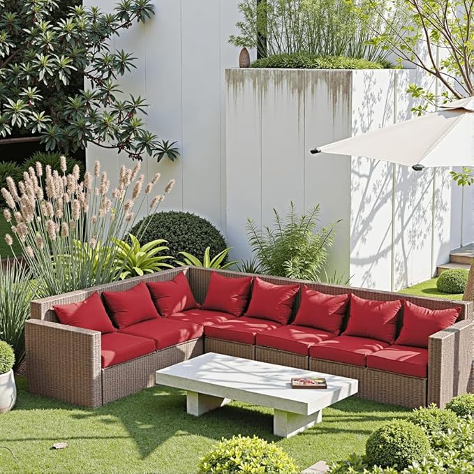 Outdoor Seat Cushion Set 24 x 24 x 4 Inch, Waterproof & Fade Resistant Patio Furniture Cushions with Removable Cover and Ties, Thick Deep Seating Pads for Outside Chair Sofa Couch, Red