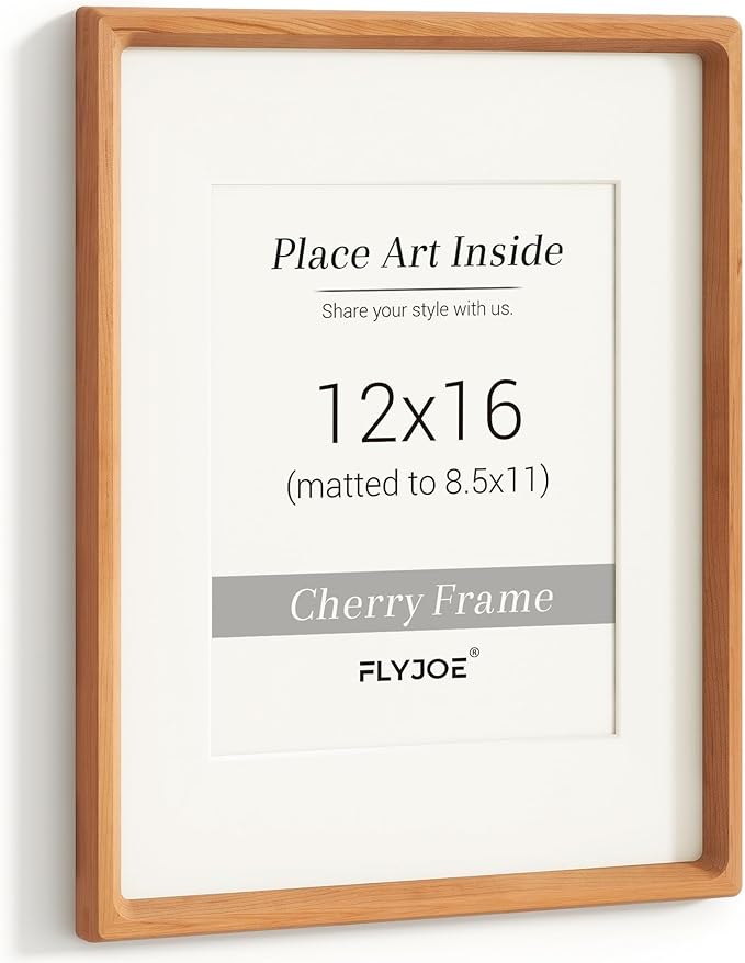 12x16 Picture Frame, USA-Sourced Natural Cherry Wood Photo Frame with Tempered Glass, Handcrafted Rounded Corner 12 x 16 Wooden Frame Matted to 8.5x11 Photos, Horizontal or Vertical Wall Mounting