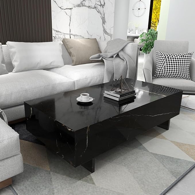 COSVALVE Marble Rectangle Coffee Tables for Living Room,Black Modern Side Table,Contemporary High Gloss Elegant Center Table for Waiting Area,41.3" Lx19.7 Wx13.8 H,Black